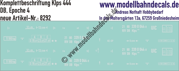"Nass-Schiebebilder: Güterwagen-Komplettbeschriftung Klps 444, DB, Epoche 4. Artikel-Nummer: 8292"