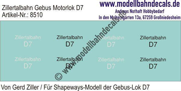 Nass-Schiebebilder: Zillertalbahn: Gebus Motorlok D 7 Weiss und Schwarz (Shapeways-Modelle Gerd Ziller). Artikel-Nummer: 8510