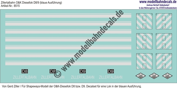 Nass-Schiebebilder: Zillertalbahn: O&K Diesellok D8/9 (Blaue Ausführung) Weiss und Schwarz (Shapeways-Modelle Gerd Ziller). Artikel-Nummer: 8515