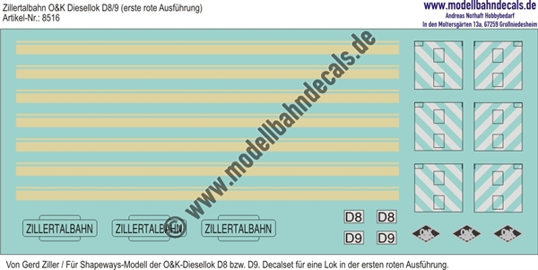 "Nass-Schiebebilder: Zillertalbahn: O&K Diesellok D8/9 (erste Rote Ausführung) Hellelfenbein, Weiss und Schwarz (Shapeways-Modelle Gerd Ziller). Artikel-Nummer: 8516"
