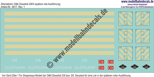 "Nass-Schiebebilder: Zillertalbahn: O&K Diesellok D8/9 (spätere Rote Ausführung) Hellelfenbein, Weiss und Schwarz (Shapeways-Modelle Gerd Ziller). Artikel-Nummer: 8517"