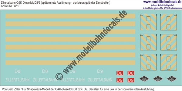 "Nass-Schiebebilder: Zillertalbahn: O&K Diesellok D8/9 (spätere Rote Ausführung) Elfenbein, Weiss und Schwarz (Shapeways-Modelle Gerd Ziller). Artikel-Nummer: 8519"