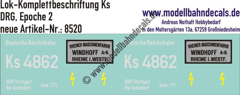 Nass-Schiebebilder: Komplettbeschriftung für eine Ks (Akku-Köf) der DRG mit Herstellerschilder "Windhoff". Artikel-Nummer: 8520