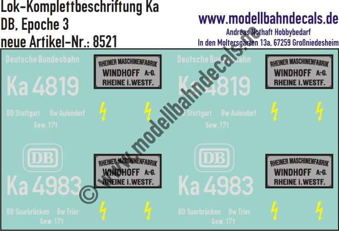 Nass-Schiebebilder: Komplettbeschriftung für eine Ka (Akku-Köf) der DB mit Herstellerschilder "Windhoff" mit Schriftzug und DB-Keks. Artikel-Nummer: 8521