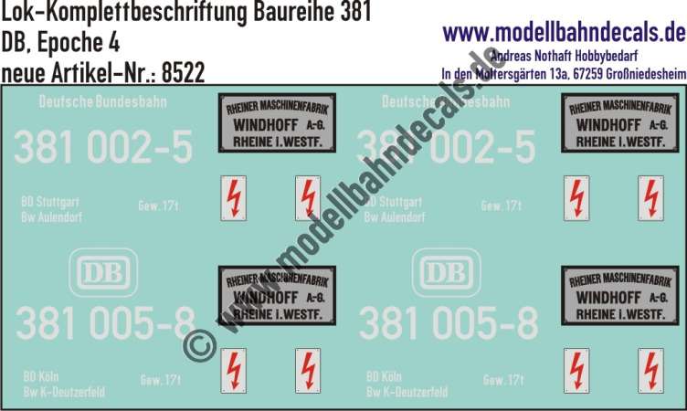 Nass-Schiebebilder: Komplettbeschriftung für eine Baureihe 381 (Akku-Köf) der DB mit Herstellerschilder "Windhoff" mit Schriftzug und DB-Keks. Artikel-Nummer: 8522