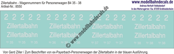 "Nass-Schiebebilder: Zillertalbahn: Wagennummern für Personenwagen B4 35 - 38, Weiss (Shapeways-Modelle Gerd Ziller). Artikel-Nummer: 8550"