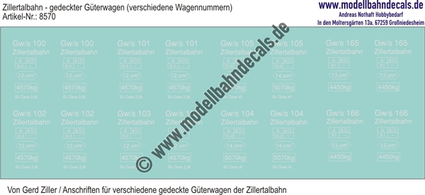 "Nass-Schiebebilder: Zillertalbahn: Anschriften für verschiedene gedeckte Güterwagen der Zillertalbahn, Weiss (Shapeways-Modelle Gerd Ziller). Artikel-Nummer: 8570"