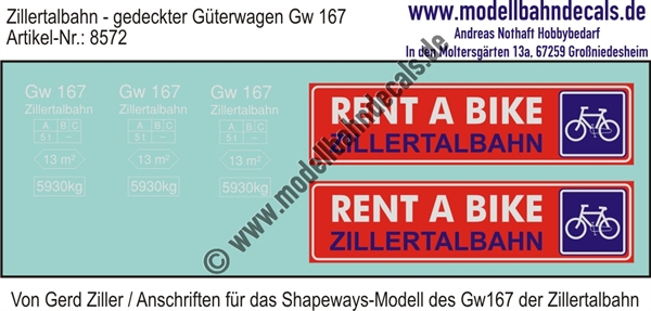"Nass-Schiebebilder: Zillertalbahn: Anschriften für gedeckten Güterwagen Gw 167 der Zillertalbahn, Weiss (Shapeways-Modelle Gerd Ziller). Artikel-Nummer: 8572"