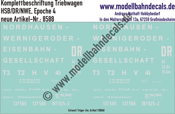 Nass-Schiebebilder: Harzer Schmalspurbahn (HSB): Personenwagen-Komplettbeschriftung Triebwagen (auch NWE und DR). Artikel-Nummer: 8588