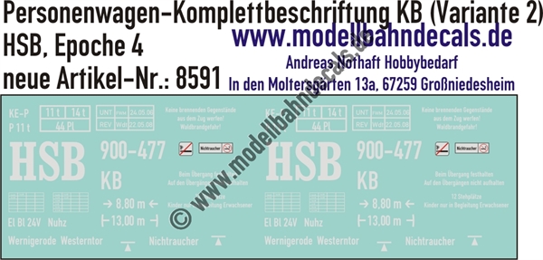 Nass-Schiebebilder: Harzer Schmalspurbahn (HSB): Personenwagen-Komplettbeschriftung KB (Variante 2). Artikel-Nummer: 8591