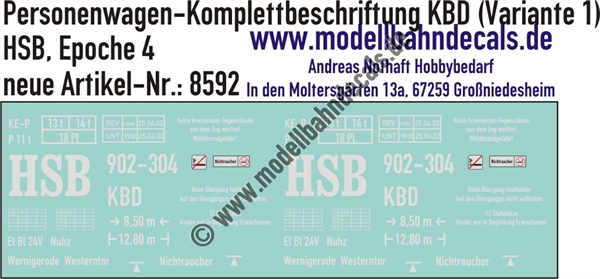 Nass-Schiebebilder: Harzer Schmalspurbahn (HSB): Personenwagen-Komplettbeschriftung KBD (Variante 1). Artikel-Nummer: 8592