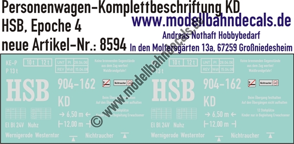 Nass-Schiebebilder: Harzer Schmalspurbahn (HSB): Personenwagen-Komplettbeschriftung KD. Artikel-Nummer: 8594