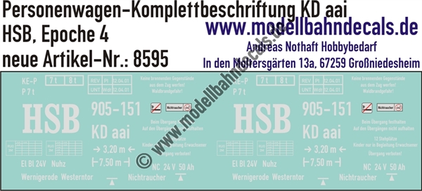 Nass-Schiebebilder: Harzer Schmalspurbahn (HSB): Personenwagen-Komplettbeschriftung KD aai. Artikel-Nummer: 8595