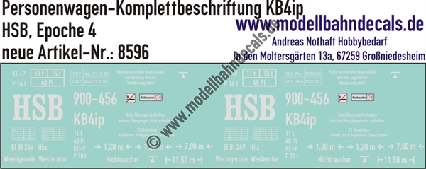 Nass-Schiebebilder: Harzer Schmalspurbahn (HSB): Personenwagen-Komplettbeschriftung KB4ip. Artikel-Nummer: 8596