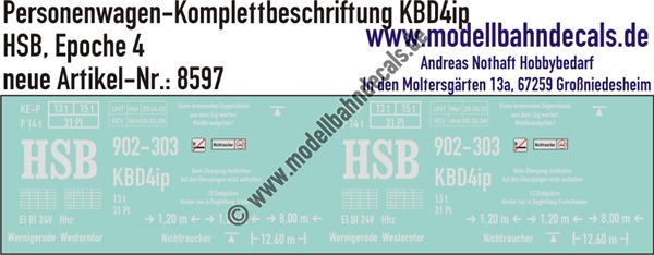 Nass-Schiebebilder: Harzer Schmalspurbahn (HSB): Personenwagen-Komplettbeschriftung KBD4ip. Artikel-Nummer: 8597