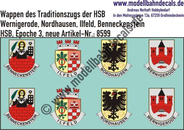 Nass-Schiebebilder: Harzer Schmalspurbahn (HSB): Taufwappen des Traditionszugs (Wernigerode, Nordhausen, Ilfeld, Benneckenstein). Artikel-Nummer: 8599