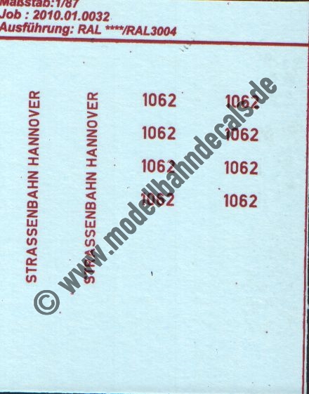 "Nass-Schiebebilder: Sonderangebot Spur H0: Anschriften Strassenbahn Hannover, Ral 3004. Artikel-Nummer: 8609"