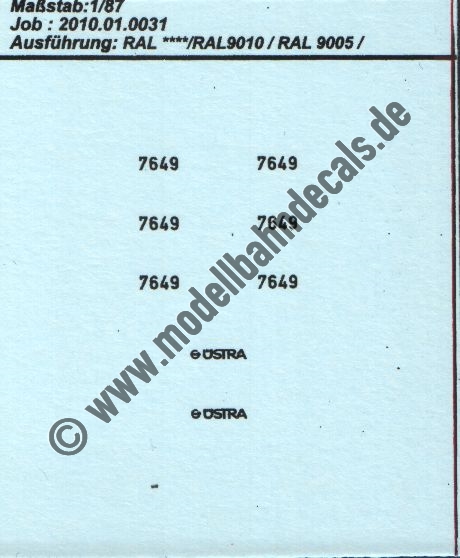 "Nass-Schiebebilder: Sonderangebot Spur H0: Anschriften Strassenbahnen, Wagennummer 7649 und Uestra, Schwarz. Artikel-Nummer: 8610"