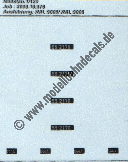 "Nass-Schiebebilder: Sonderangebot Spur TT: Loknummern 55 2170 + Gattung Silber auf Schwarz, Breite Loknummern ca. 7 mm. Artikel-Nummer: 8616"