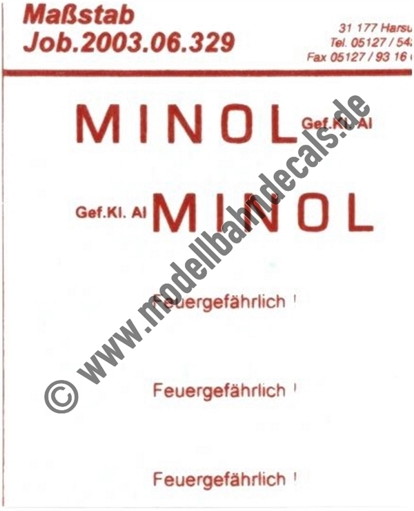 Nass-Schiebebilder: Sonderangebot Spur H0: Minol-Anschriften (Rot) für Tankwagen Variante A Artikel-Nummer: 8628