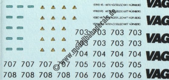 "Nass-Schiebebilder: Sonderangebot Spur H0: VAG (Verkehrs-Aktiengesellschaft Nürnberg) - Strassenbahn-Decals, Wagennummern 703-708 Artikel-Nummer: 8641"