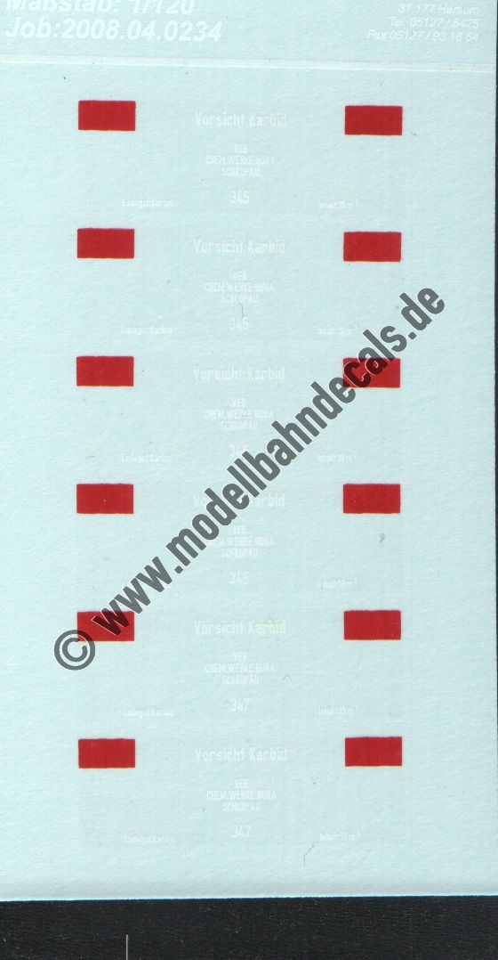 "Nass-Schiebebilder: Sonderangebot Spur TT: 3 Sets für Karbid-Wagen VEB Chemische Werke Buna, Schkopau, Wagennummern 345-347 Artikel-Nummer: 8642"
