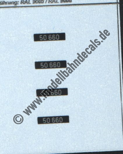 "Nass-Schiebebilder: Sonderangebot Spur H0: Loknummern 50 660, Silber auf Schwarz, DIN Normschrift Artikel-Nummer: 8693"