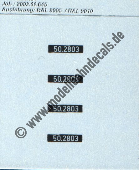 "Nass-Schiebebilder: Sonderangebot Spur H0: Loknummern 50.2803, Weiss auf Schwarz, österreichische Schreibweise mit Punkt Artikel-Nummer: 8699"