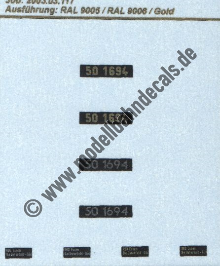 "Nass-Schiebebilder: Sonderangebot Spur H0: Loknummern 50 1694, 2 davon preussische Ziffern in Gold auf Schwarz, 2 davon Spitzziffern in Silber auf Schwarz, sowie 4 Beheimatungsanschriften RBD Essen, Bw Osterfeld-Süd, 2 in Silber, 2 in Gold Artikel-Nummer