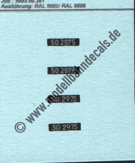 "Nass-Schiebebilder: Sonderangebot Spur H0: Loknummern 50 2975, 2 davon preussische Ziffern, 2 davon Spitzziffern, Silber auf Schwarz Artikel-Nummer: 8701"