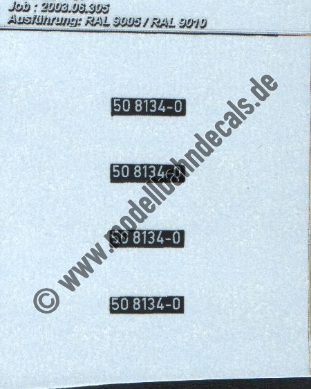 "Nass-Schiebebilder: Sonderangebot Spur H0: Loknummern 50 8134-0, DIN-Normschrift, Weiss auf Schwarz Artikel-Nummer: 8702"
