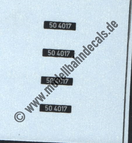 "Nass-Schiebebilder: Sonderangebot Spur H0: Loknummern 50 4017, DIN-Normschrift, Silber auf Schwarz Artikel-Nummer: 8709"