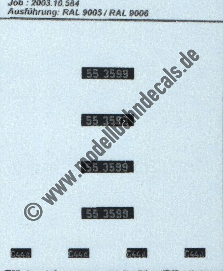 "Nass-Schiebebilder: Sonderangebot Spur H0: Loknummern 55 3599, preussische Ziffern, Silber auf Schwarz, + 4 Gattungsschilder G 44.12 Artikel-Nummer: 8711"