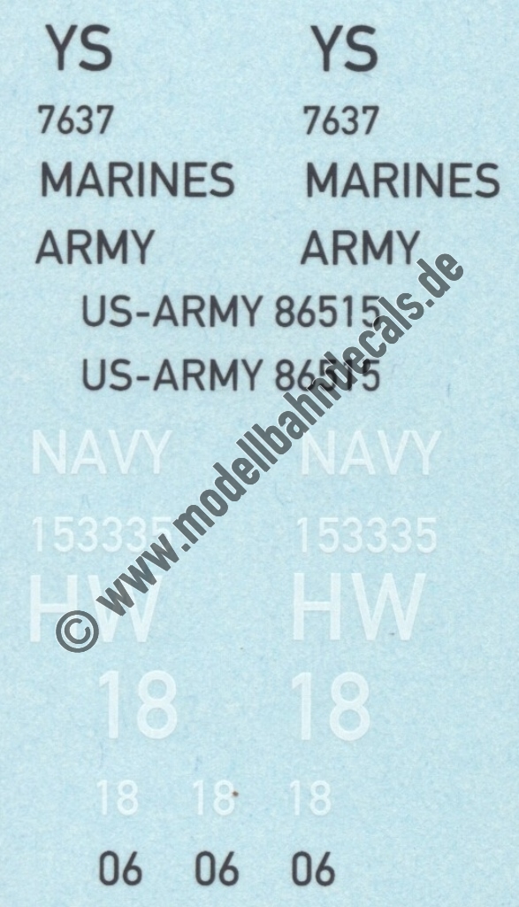 "Nass-Schiebebilder: Sonderangebot Spur ?: Diverse Anschriften US-Army, Marines, Navy (Schwarz/Weiss), Massstab? MARINES ist ca. 17 mm lang. Artikel-Nummer: 8739"