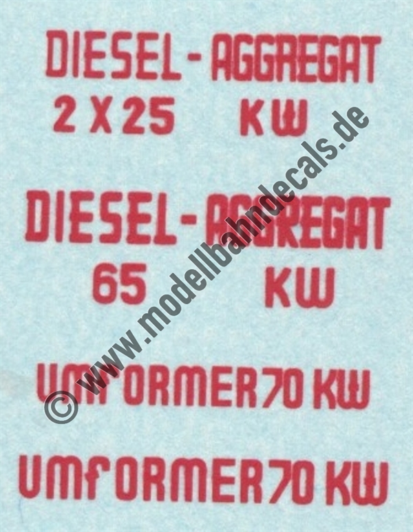 "Nass-Schiebebilder: Sonderangebot Spur H0: Diverse Anschriften 'Diesel-Aggregat, Umformer' - Rot auf Klar Artikel-Nummer: 8740"