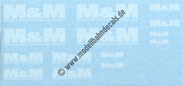 "Nass-Schiebebilder: Sonderangebot Spur H0(?): LKW-Anschriften Militzer und Münch, M&M, Internationale Spedition, Weiss Artikel-Nummer: 8838"
