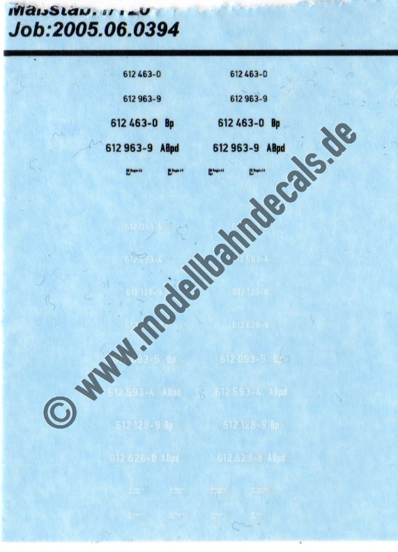 "Nass-Schiebebilder: Sonderangebot Spur TT:Loknummern BR 612, Beheimatungen Hof, Epoche 4 Artikel-Nummer: 8907"