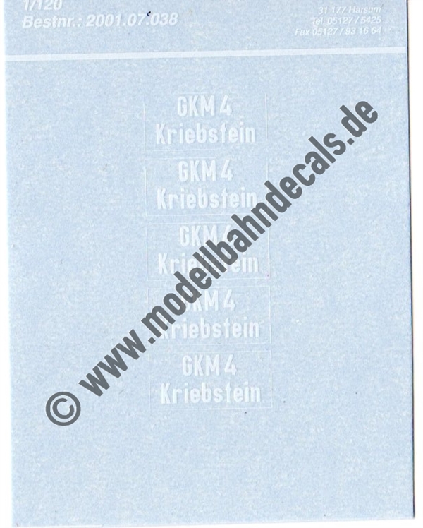 "Nass-Schiebebilder: Sonderangebot Spur TT: 5 Lokanschriften GKM4, Kriebstein, Weiss Artikel-Nummer: 8930"