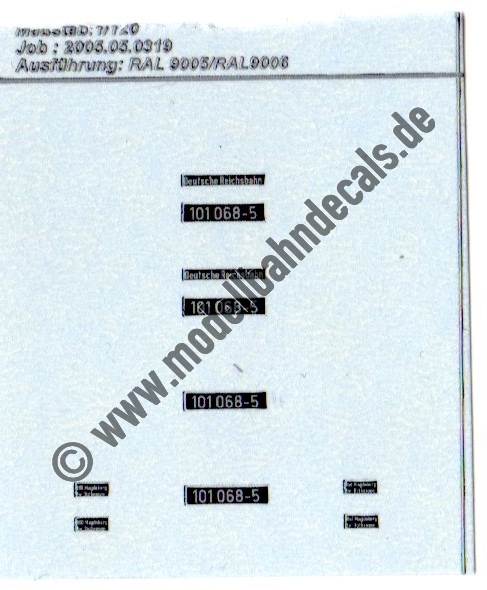 "Nass-Schiebebilder: Sonderangebot Spur TT: Lok-Komplettbeschriftung 101 068-5, Silber auf Schwarz - nicht 100% deckungsgleich. Artikel-Nummer: 8937"