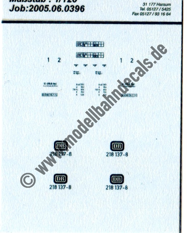 "Nass-Schiebebilder: Sonderangebot Spur TT: Lok-Komplettbeschriftung 218 137-8, DB Artikel-Nummer: 8960"