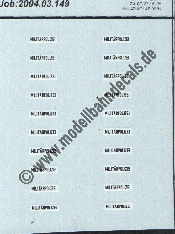 Nass-Schiebebilder: Sonderangebot Spur H0: Anschriften MILITÄRPOLIZEI Schwarz auf Weiss Artikel-Nummer: 8988