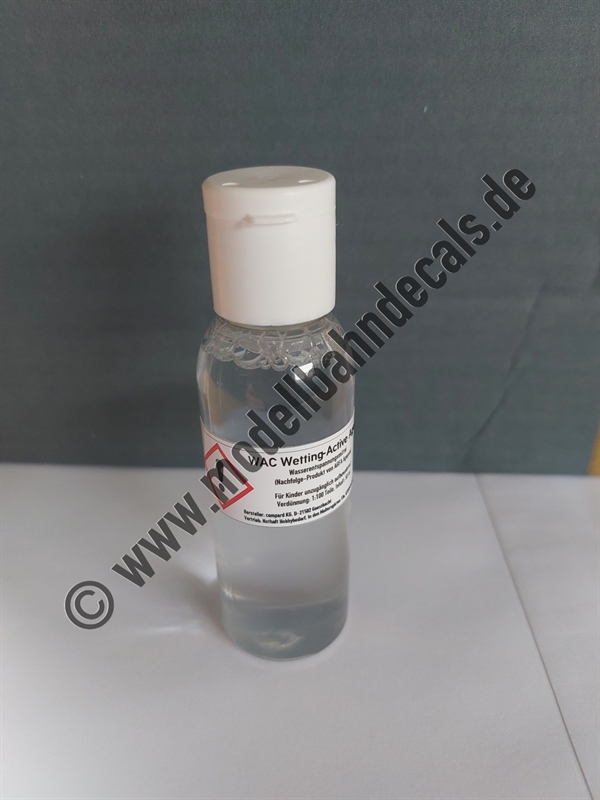 Wetting Active Agent (früher Agepon) zur Entfernung von Oberflaechenspannungen beim Aufbringen von Decals, beim Schottern, etc. - 50 ml Inhalt. Preis pro 1 Liter: 100,00 Euro (Pflichtangabe)