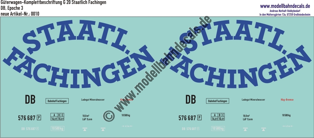 Nass-Schiebebilder: Komplettbeschriftung G 20 Staatlich Fachingen. Artikel-Nummer: 0010