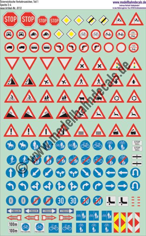 Decals: Österreichische Verkehrszeichen Teil 1, Epoche 3-6. Artikel-Nummer: 0112