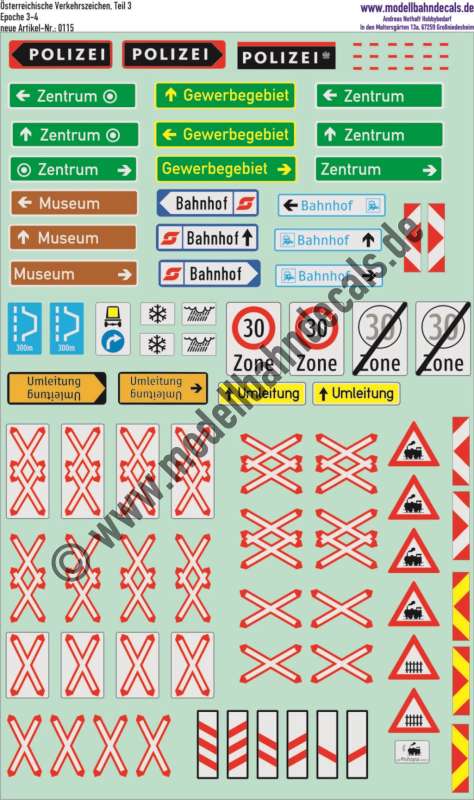 Decals: Österreichische Verkehrszeichen Teil 3, Epoche 3-6. Artikel-Nummer: 0116