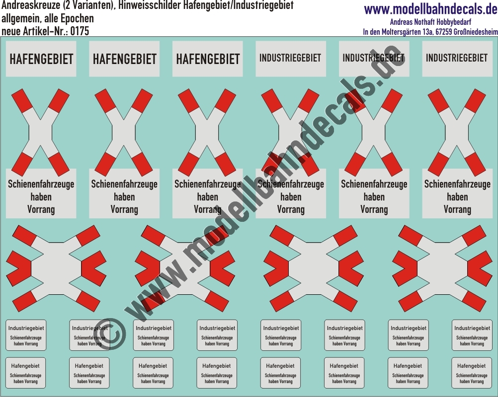 "Nass-Schiebebilder: Andreaskreuze (2 Varianten), Hinweisschilder Hafengebiet/Industriegebiet. Artikel-Nummer: 0175"