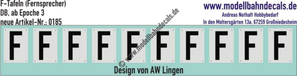 Nass-Schiebebilder: F-Tafeln für Fernsprecheinrichtungen, DB ab Epoche 3, Artikel-Nummer: 0185