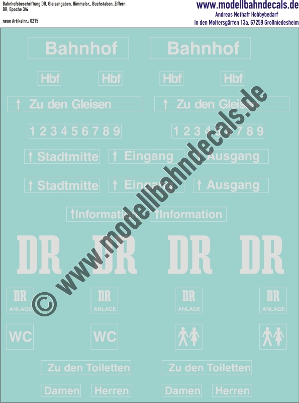 "Nass-Schiebebilder: Bahnhofsbeschriftung DR, Gleisangaben, Himmelsrichtungen, Buchstaben, Ziffern. Artikel-Nummer: 0215"