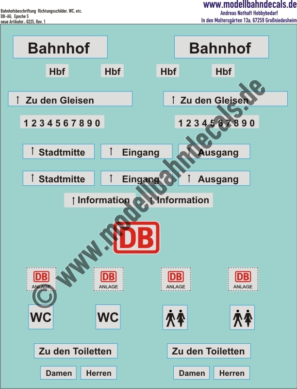 "Nass-Schiebebilder: Bahnhofsbeschriftung DB-AG, Richtungsschilder, WC, etc.. Artikel-Nummer: 0225"