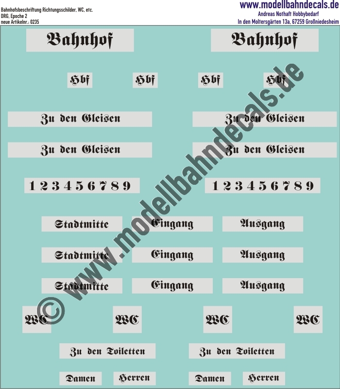 "Nass-Schiebebilder: Bahnhofsbeschriftung DRG, Richtungsschilder, WC, etc.. Artikel-Nummer: 0235"